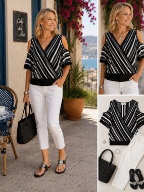 Joseph Ribkoff Sweater Knit Cold Shoulder Wrap Top Black White Stripe Size 12